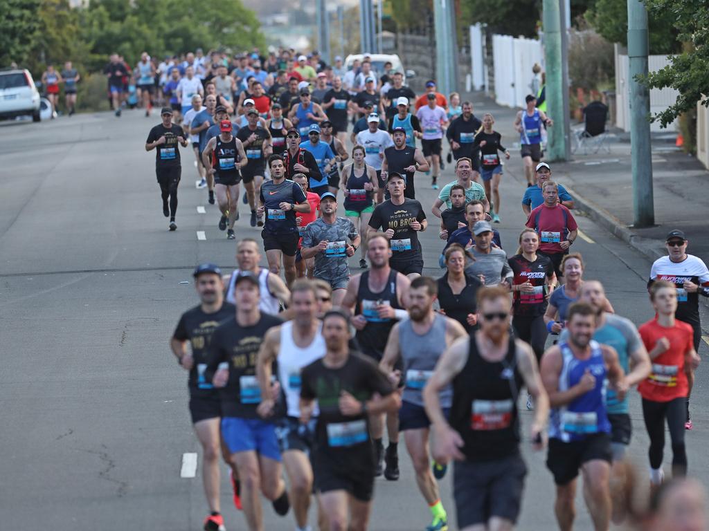 Runners make their way up Davey Street during the 2019 Point to Pinnacle. Picture: LUKE BOWDEN