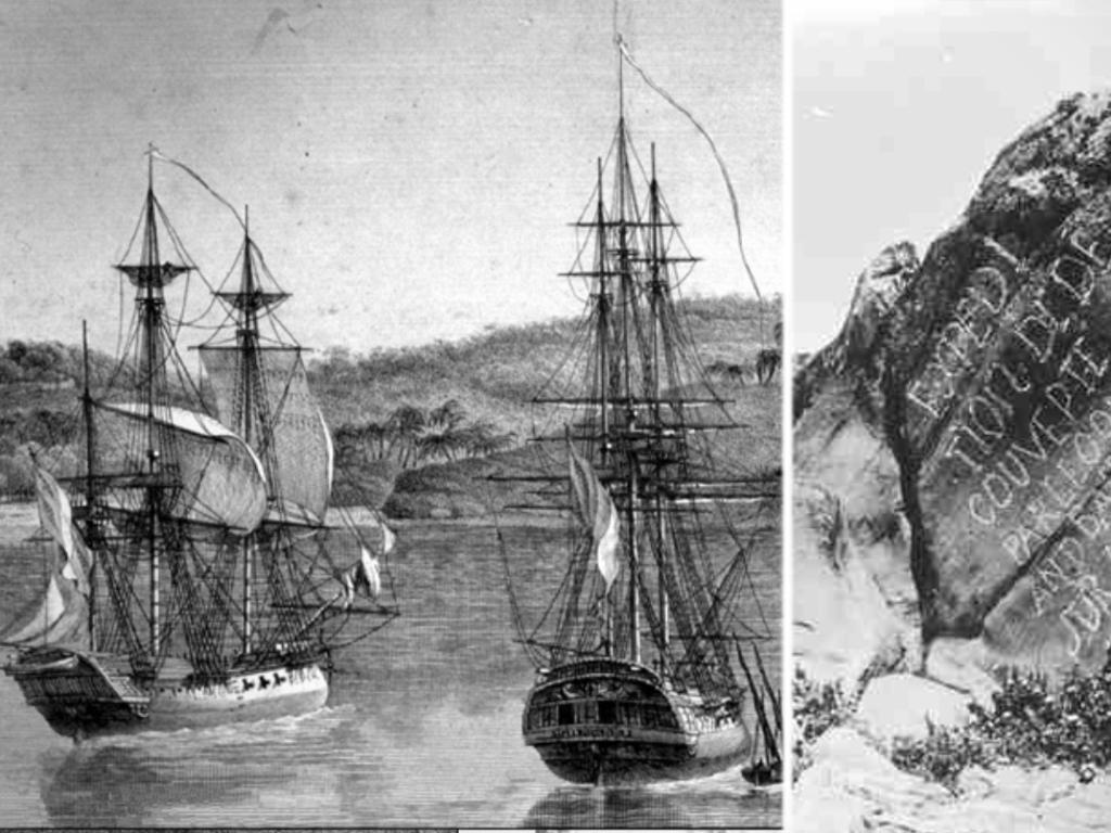 The ships Naturalist and Géographe, which scoured the Victorian coastline in 1803, and a French inscription left on a rock at Kangaroo Island.