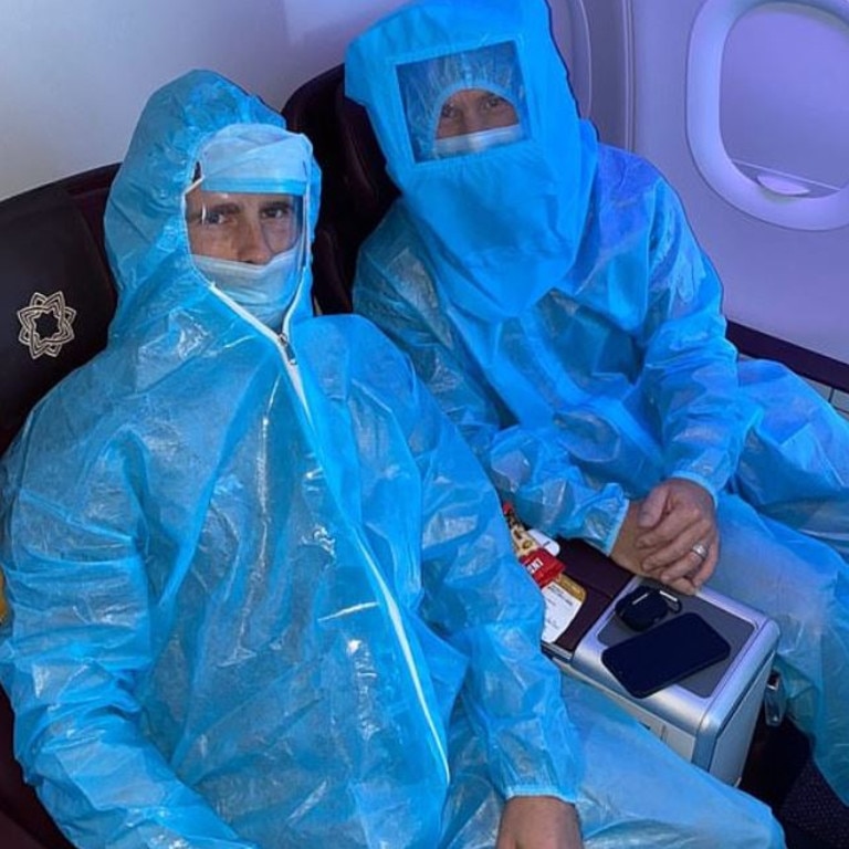 David Warner (right) and Kane Williamson in full PPE gear as they travel around India Source: Supplied, Instagram