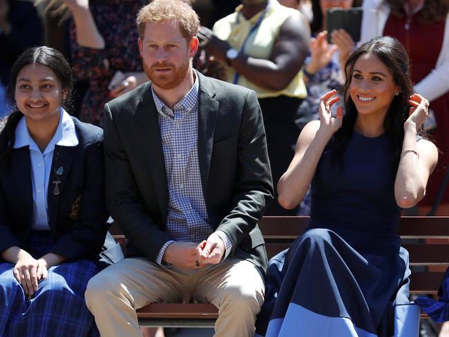 The Duke and Duchess of Sussex watch a performance during their visit to Macarthur Girls’ High School. Picture: Phil Noble/ Getty Images