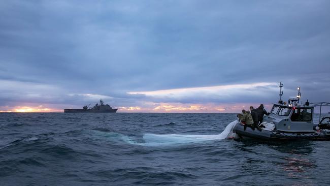 The US Navy recovers the Chinese high-altitude surveillance balloon off the coast of South Carolina. Picture: US Navy / AFP