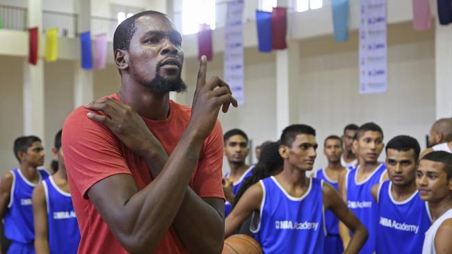 NBA MVP gestures during his tour of NBA Academy in Greater Noida near New Delhi.