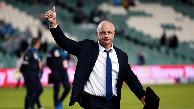 Graham Arnold waves goodbye to fans after Sydney FC’s defeat to Melbourne Victory on Saturday night. Picture: Toby Zerna