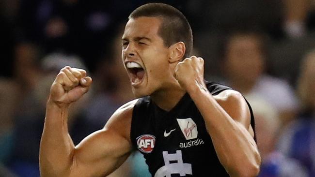 MELBOURNE, AUSTRALIA - APRIL 21: Jack Silvagni of the Blues celebrates a goal during the 2019 AFL round 05 match between the Western Bulldogs and the Carlton Blues at Marvel Stadium on April 21, 2019 in Melbourne, Australia. (Photo by Michael Willson/AFL Photos)