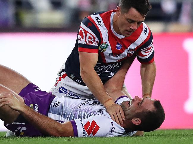 Cooper Cronk and Cameron Smith during the 2018 NRL Grand Final between the Sydney Roosters and Melbourne Storm at ANZ Stadium, Sydney. Picture: Brett Costello