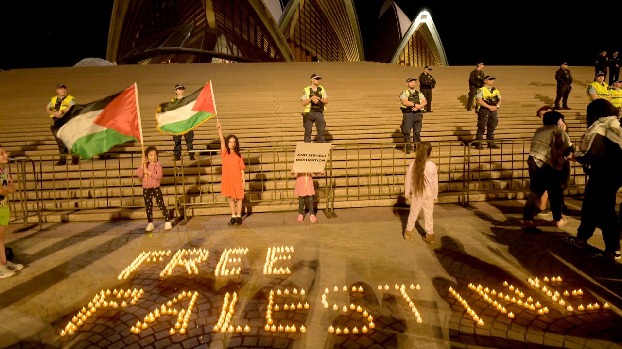 Candles were laid out spelling out Free Palestine outside the Opera House. Picture: NCA NewsWire / Jeremy Piper