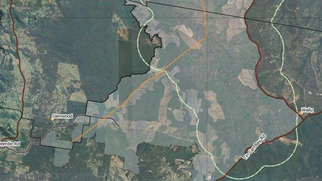 Map of proposed Toolara Forest wind farm transmission line route (orange line), which must still connect with the Lower Wonga substation by a route which is still unknown.