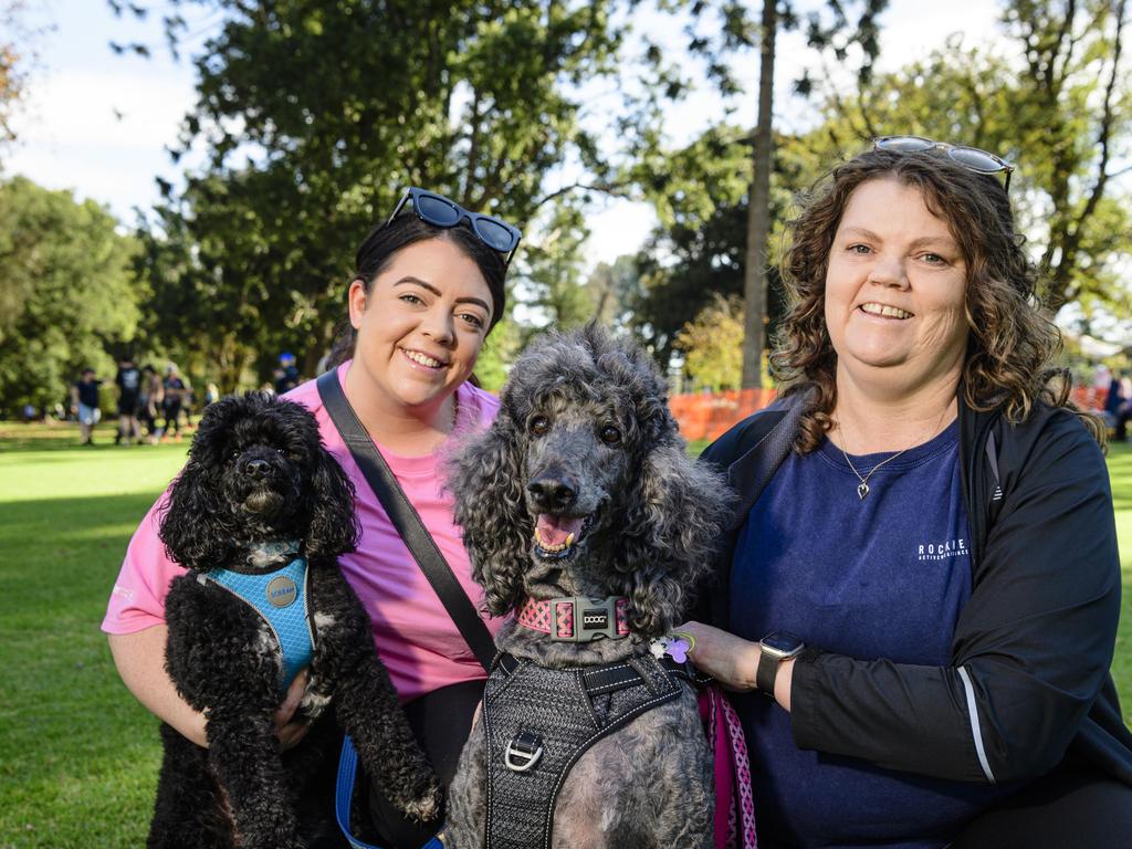 Cindy (left) and Maria Godfrey with Ralphie and Ruby (centre) at the Million Paws Walk in Queens Park, Sunday, May 25, 2025. Picture: Kevin Farmer
