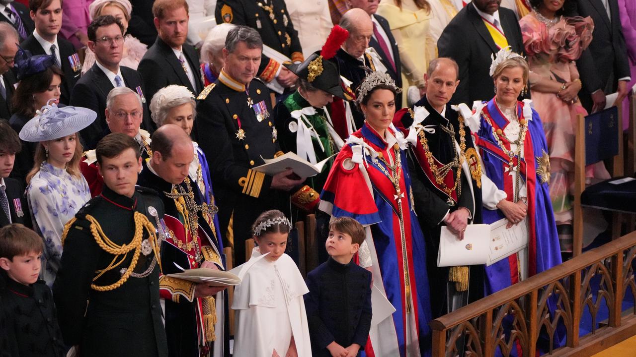 Harry (top left) inside Westminster Abbey, relegated a few rows back from his brother. Picture: WPA Pool/Getty Images