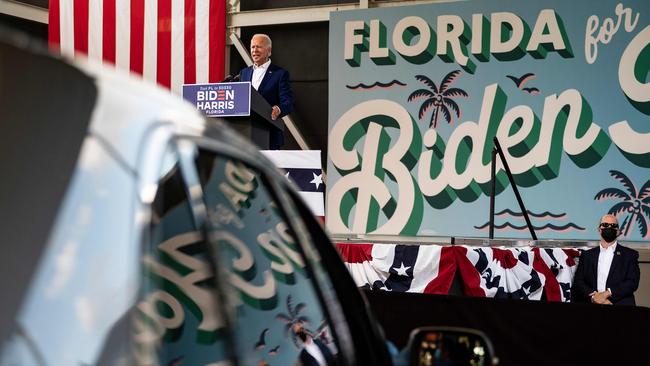 Democratic Presidential Candidate Joe Biden speaks during a drive in rally in Miramar, Florida on October 13. Picture: AFP