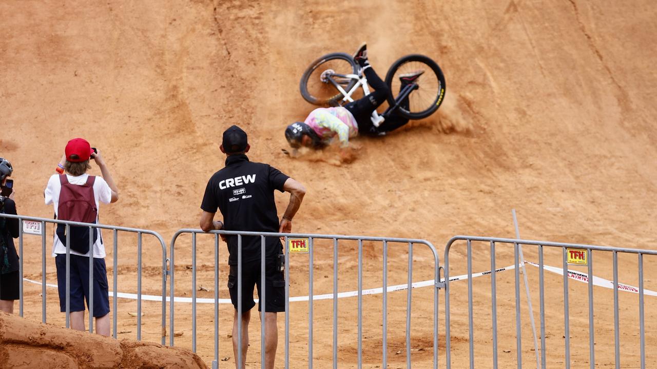 Jayden Fleming crashes hard in the National Whipoff Championship on Day One of Crankworx Cairns. Picture: Brendan Radke