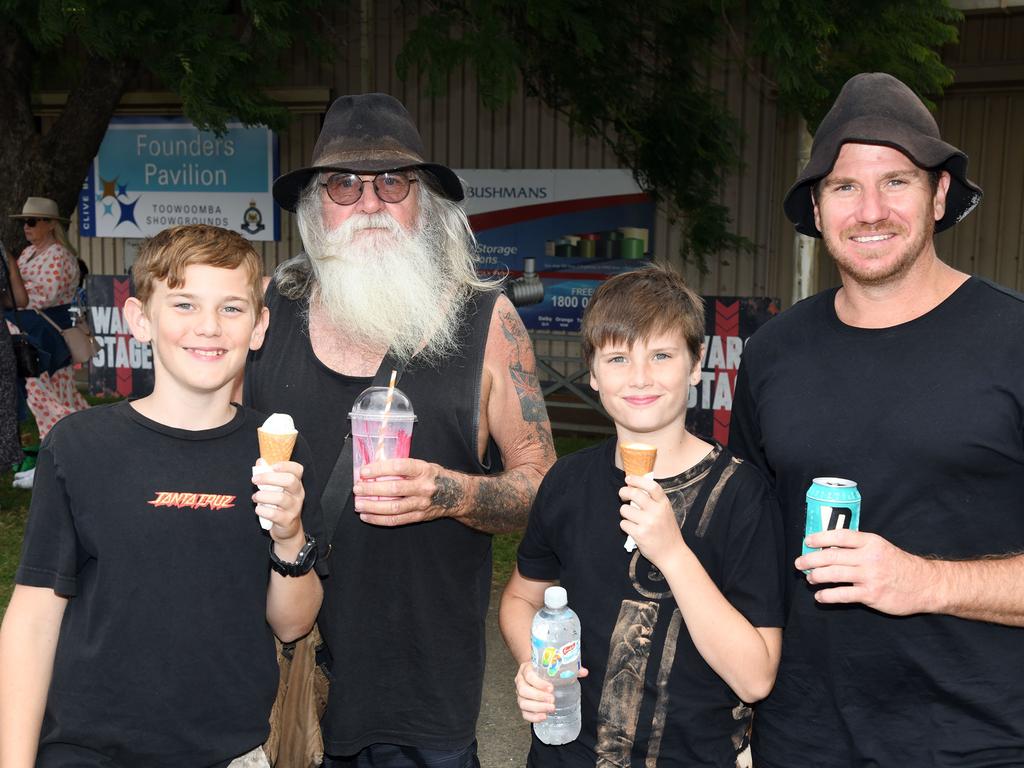 Heath Cumerford (left) with Mick Cumerford , Xander Cumerford and Jared Cumerford. Meatstock Festival, Toowoomba showgrounds. April 2022