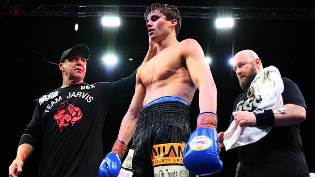 BENDIGO, AUSTRALIA - AUGUST 31: Brock Jarvis is hugged by his trainer Jeff Fenech after beating Ernesto Sailing during their super bantamweight before the Australian Middleweight bout between Jeff Horn and Michael Zerafa at Bendigo Stadium on August 31, 2019 in Bendigo, Australia. (Photo by Quinn Rooney/Getty Images)