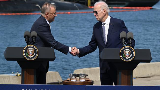 SAN DIEGO, CA – MARCH 13: U.S. President Joe Biden and Prime Minister Anthony Albanese of Australia shake hands on Australia Ã&#131;Â¢ United Kingdom Ã&#131;Â¢ United States (AUKUS) Partnership as Prime Minister Rishi Sunak of the United Kingdom participates at Naval Base Point Loma in San Diego, California, United States on March, 13, 2023. (Photo by Tayfun Coskun/Anadolu Agency via Getty Images)