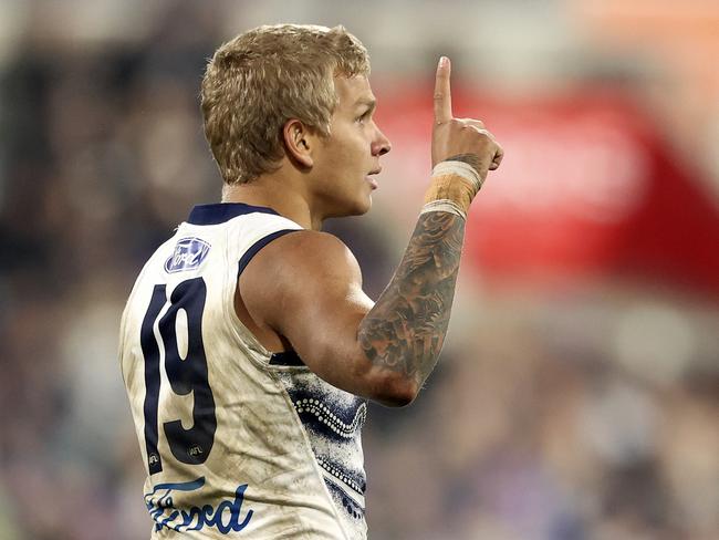 Quinton Narkle celebrates his long goal. Picture: Martin Keep/AFL Photos via Getty Images