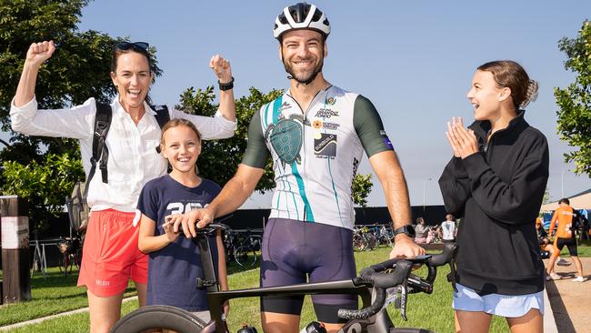 Anne Hebert, Elena Coppola, Ryan Coppola and Sofia Coppola celebrating Ryan finishing first at the 145km Sunbuild Top End Gran Fondo 2023, Darwin. Picture: Pema Tamang Pakhrin