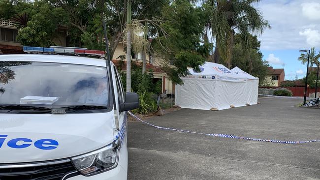 Police at a unit block on Heath Ave, Tuncurry in April. Picture: Janine Watson