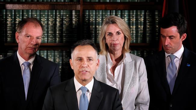 Victorian Liberal leader John Pesutto gives a press conference after Moira Deeming’s suspension, flanked by his leadership team, from left David Southwick, Pesutto, Georgie Crozier, Matt Bach. Picture: NCA NewsWire / Luis Ascui