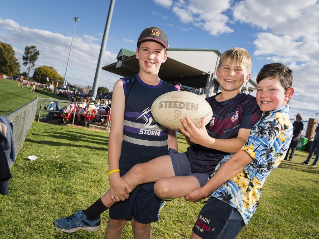 Junior Toowoomba Bears players (from left) Tom Makkai, Cameron Anderssen and Angus Dean on Downs Rugby 2023 grand final day. Picture: Kevin Farmer