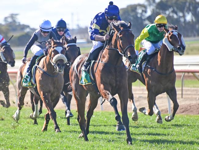 Mr News ridden by Billy Egan wins the The Rosy Fox 3YO Maiden Plate at Echuca Racecourse on July 29, 2022 in Echuca, Australia. (Photo by Brendan McCarthy/Racing Photos via Getty Images)