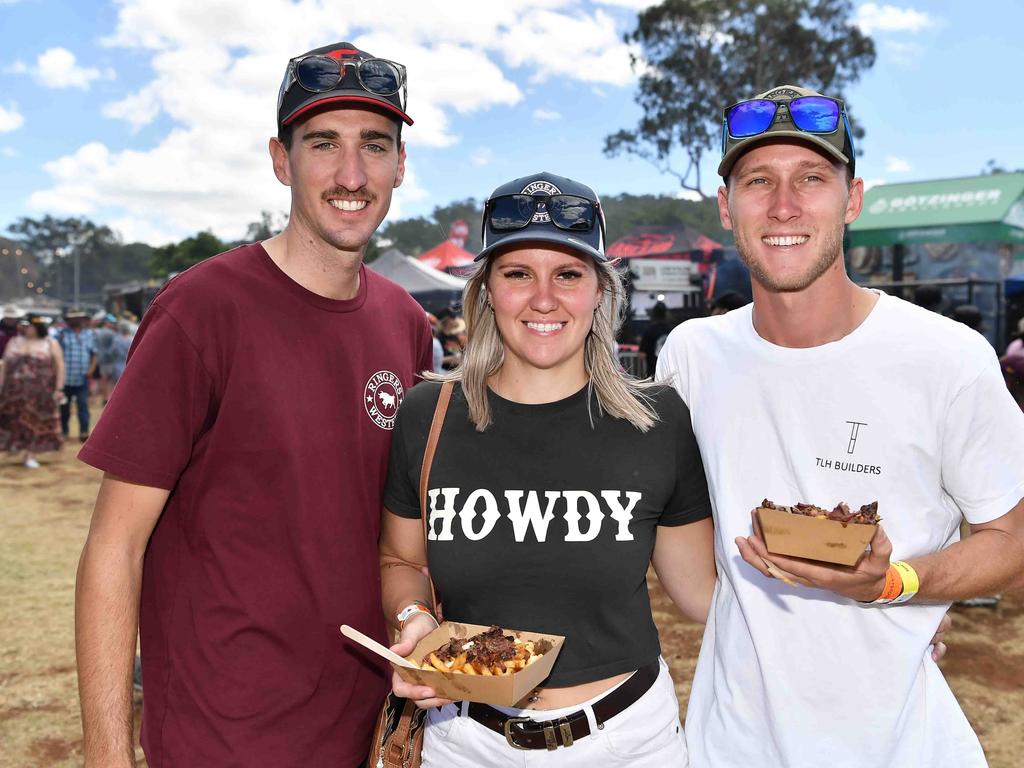 Matt Domjahn, Nicole Rogers and Reece Creswell at Meatstock, Toowoomba Showgrounds. Picture: Patrick Woods.