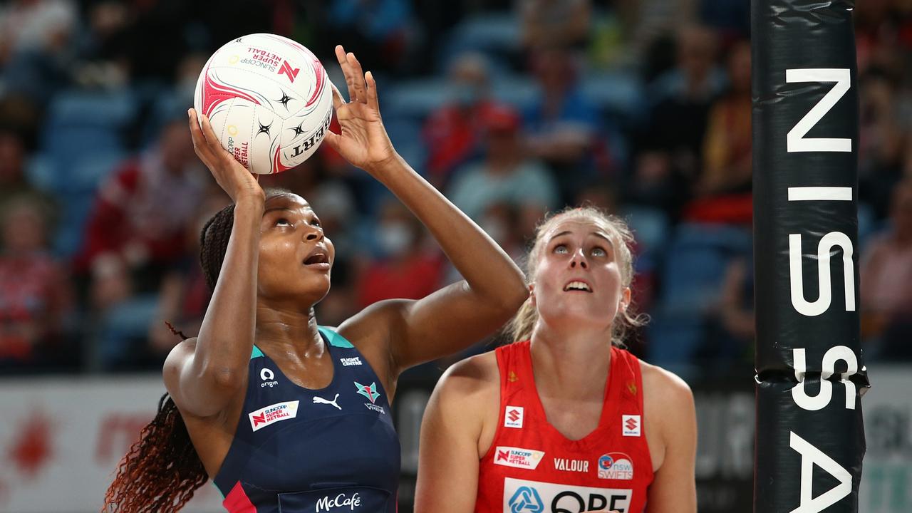 Mwai Kumwenda was influential in the Vixens’ victory over the Swifts at Ken Rosewall Arena on April 02, 2022 in Sydney. Photo: Getty Images