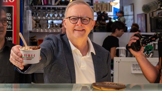 Prime Minister Anthony Albanese serving Ice cream at Bar Italia in Leichhardt after having coffee with supporters. Picture: PMO