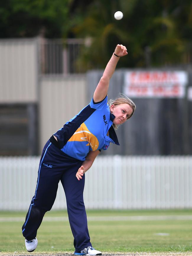 Dolphins bowler Grace Parsons sends one down during Gold Coast’s Katherine Raymont Shield game against Valleys at Bill Pippen Oval, Robina. Picture: John Gass.