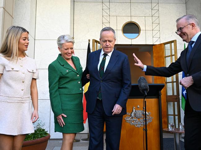 Australian Government Services Minister and former Labor Party Leader Bill Shorten poses for photographs with his wife Chloe, daughter Clementine and Australian Prime Minister Anthony Albanese after speaking to the media during a press conference at Parliament House, in Canberra, Thursday, September 5, 2024. (AAP Image/Lukas Coch) NO ARCHIVING