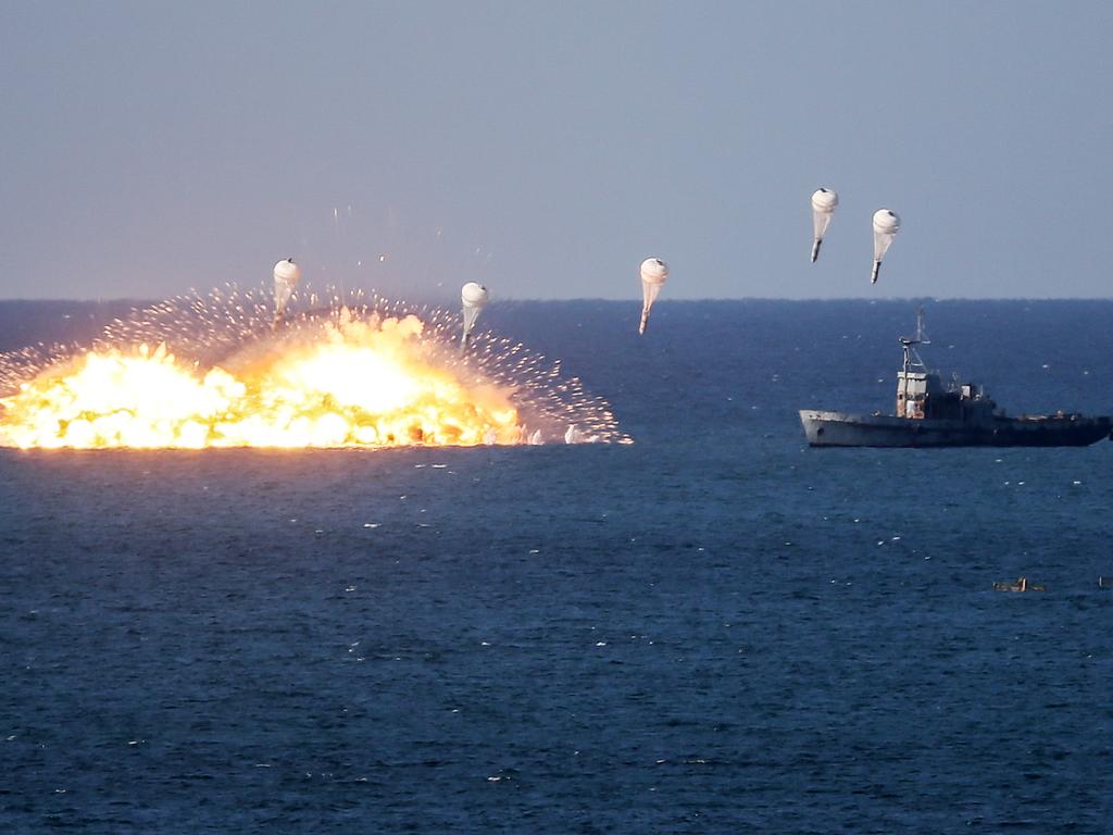 A thermobaric bomb explosion during the Caucasus 2016 strategic drills at Opuk range of Russia’s Southern Military District. Picture: Sergei Savostyanov\TASS via Getty Images