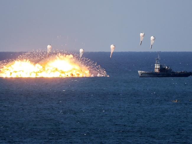 A thermobaric bomb explosion during the Caucasus 2016 strategic drills at Opuk range of Russia’s Southern Military District. Picture: Sergei Savostyanov\TASS via Getty Images