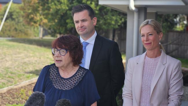 Blackmans Bay resident Fran Spears with Labor's Energy spokesman Dean Winter and Labor leader Rebecca White speak to the media at Blackmans Bay on Tuesday, February 20, 2024.