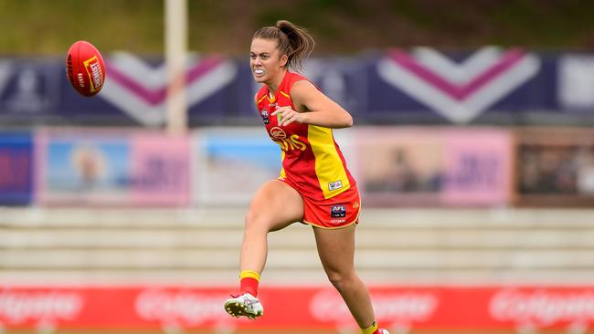 FREMANTLE, AUSTRALIA - MARCH 21: Jamie Stanton of the Suns kicks the ball during the 2020 AFLW Semi Final match between the Fremantle Dockers and the Gold Coast Suns at Fremantle Oval on March 21, 2020 in Fremantle, Australia. (Photo by Daniel Carson/AFL Photos via Getty Images)