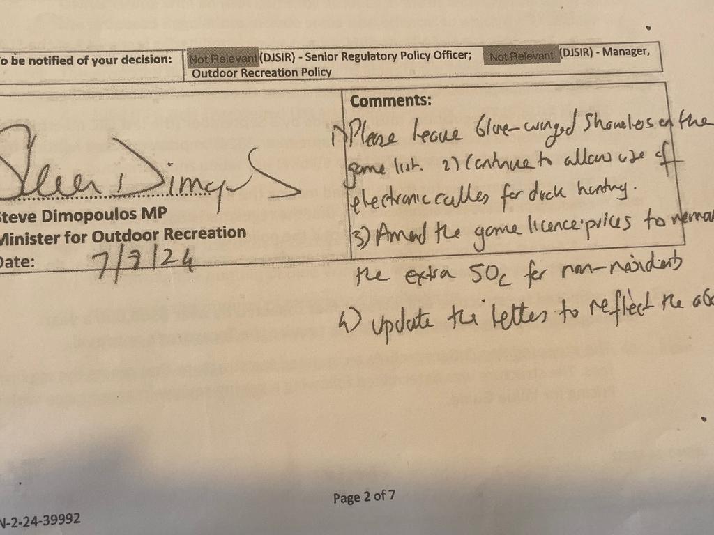 Steve Dimopoulos, the Minister for Outdoor Recreation, signs off and changes departmental recommendations on a review of the state’s wildlife regulations.