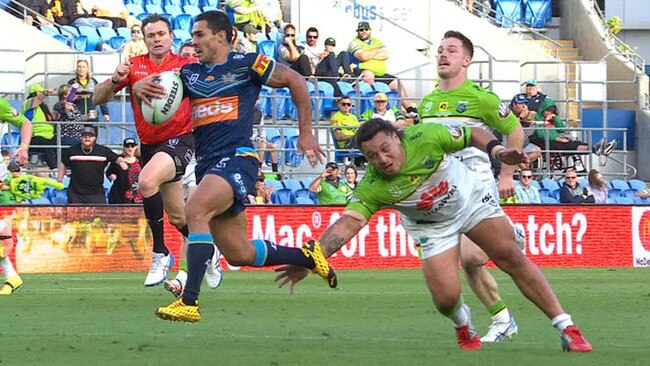 Josh Papalii with his try-saving ankle tap on Jamal Fogarty.