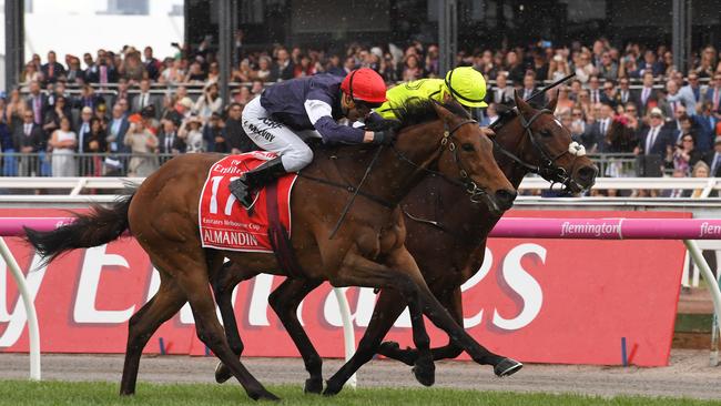 MELBOURNE, AUSTRALIA — NOVEMBER 01: Kerrin McEvoy riding Almandin defeats Joao Moreira riding Heartbreak City to win Race 7, the Emirates Melbourne Cup on Melbourne Cup Day at Flemington Racecourse on November 1, 2016 in Melbourne, Australia. (Photo by Vince Caligiuri/Getty Images)