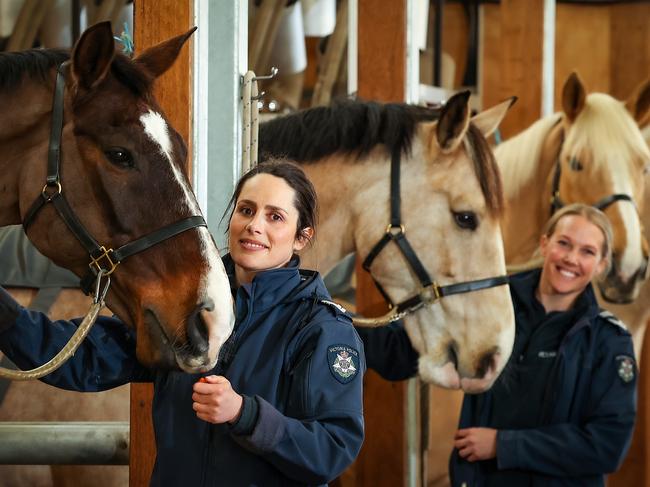 Victoria Police Mounted Branch members in the stables with horses. Picture: Ian Currie