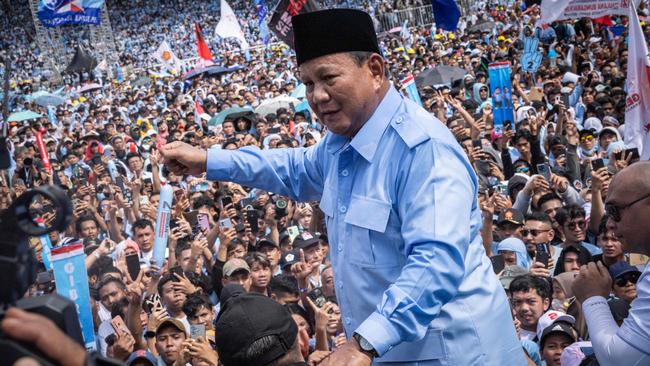 Presidential candidate and Indonesian Defence Minister Prabowo Subianto at a rally in Jakarta. Picture: AFP