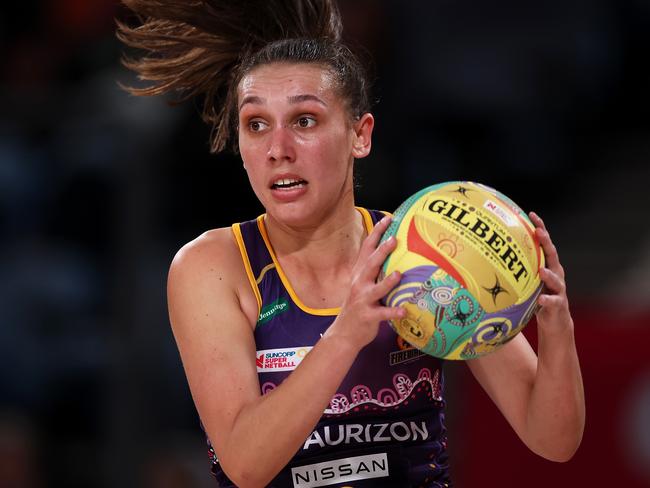 SYDNEY, AUSTRALIA - MAY 28: Jemma Mi Mi of the Firebirds catches a pass during the round 11 Super Netball match between Giants Netball and Queensland Firebirds at Ken Rosewall Arena, on May 28, 2023, in Sydney, Australia. (Photo by Mark Kolbe/Getty Images)