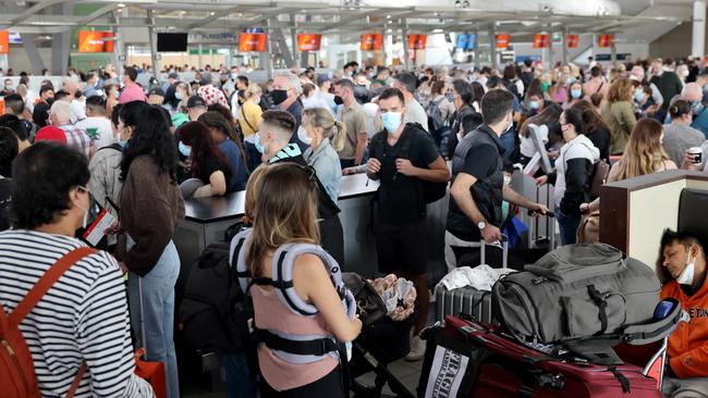 Friday: chaos inside the T2 departures at Sydney Airport. Picture: NCA NewsWire / Damian Shaw