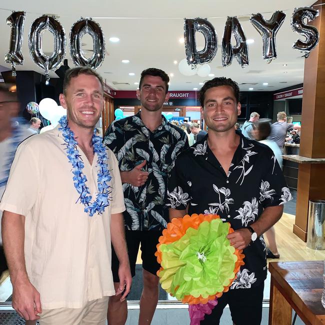 Joel Selwood, Mark O'Connor and Luke Dahlhaus at Geelong's theme night on Tuesday. Picture: Geelong Cats