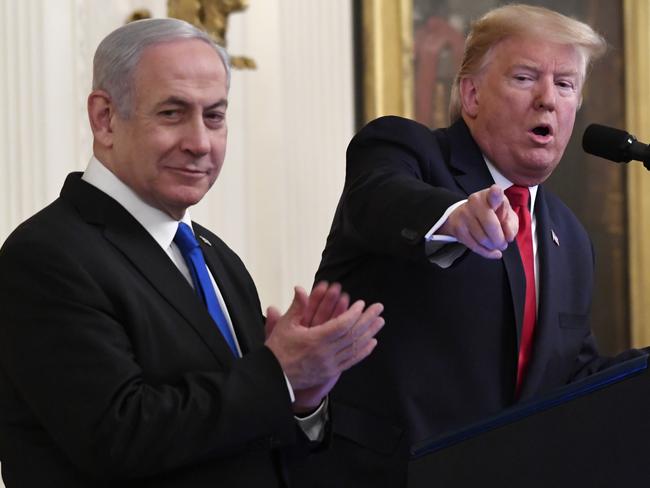 President Donald Trump speaks during an event with Israeli Prime Minister Benjamin Netanyahu. Picture: AP