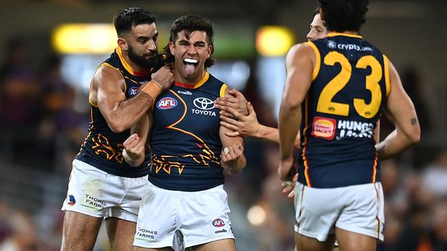 Josh Rachele gave the Crows a spark after coming on as the sub – but it wasn’t enough. Picture: Albert Perez/AFL Photos