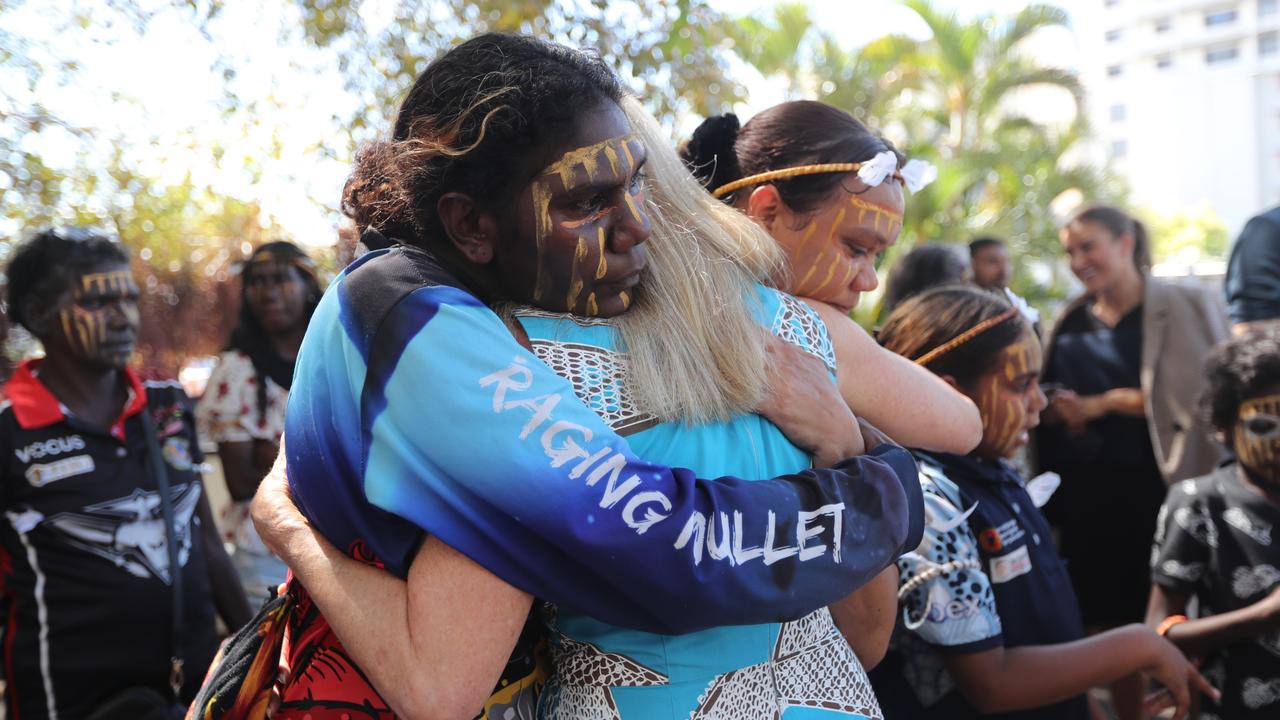 Munupi family members embraced NT Coroner Elisabeth Armitage following the death in care coronial investigation for 47-year-old Pukumani Alimankinni on April 24, 2024. Picture: Zizi Averill