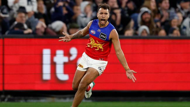 Callum Ah Chee of the Brisbane Lions celebrates during the 2024 AFL Second Preliminary Final match at The Melbourne Cricket Ground last weekend. (Photo by Michael Willson/AFL Photos via Getty Images)