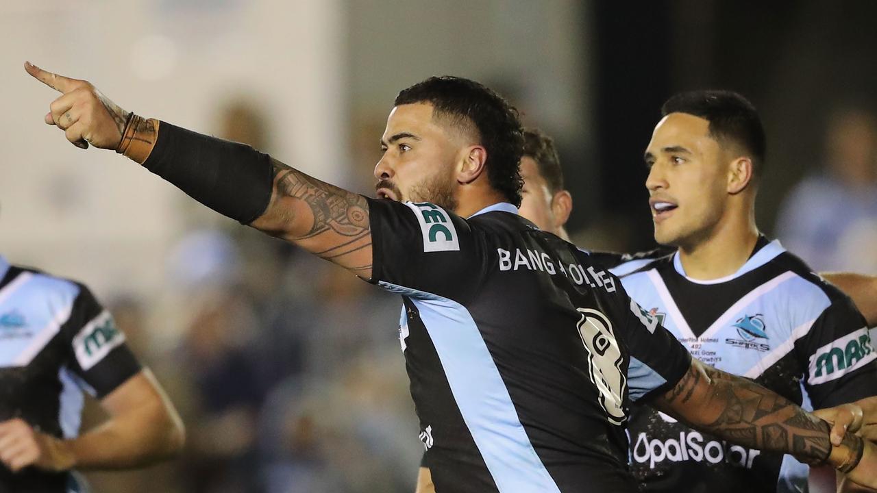 Andrew Fifita points in the direction of the coach’s box. (Photo by Mark Evans/Getty Images)
