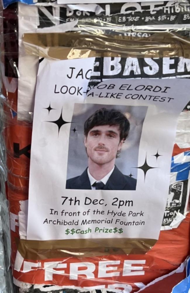 A Flyer on a pole in Newtown advertising a lookalike contest for Australian actor, Jacob Elordi. To take place in Hyde Park in Sydney on December 7 at 2pm. Picture: Supplied