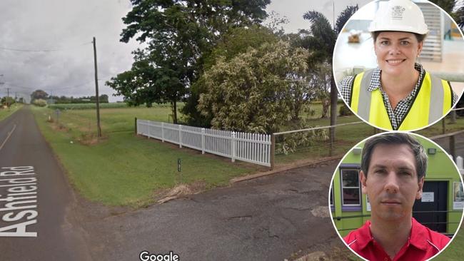 A Google Maps image of the hectare of land purchased on Ashfield Road near Bundaberg for a future new fire and emergency services facility, with insets of Bundaberg MP Tom Smith and Minister Nikki Boyd.