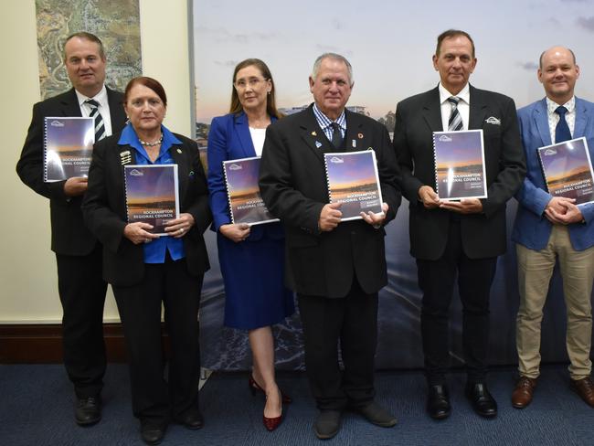 Rockhampton Regional Council councillors Shane Latcham, Ellen Smith, Donna Kirkland, Deputy Mayor Neil Fisher, Mayor Tony Williams, Councillors Grant Mathers and Drew Wickerson hand down the 2023-24 Budget.