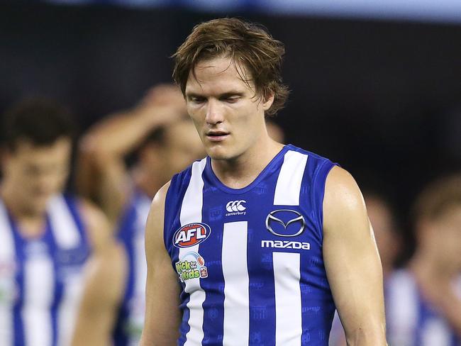 AFL Round 5. 19/04/2019. North Melbourne vs Essendon at Marvel Stadium.   Jared Polec and Todd Goldstein of the Kangaroos after todays loss    . Pic: Michael Klein.